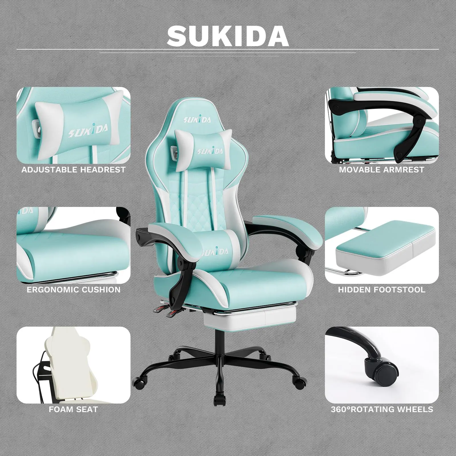Ergonomic Spine-Supporting Office Chair, PU Diamond-Quilted Gaming Chair, Adjustable Headrest and Lumbar Support, Reclining, Silent Casters, Home Swivel Gaming Chair