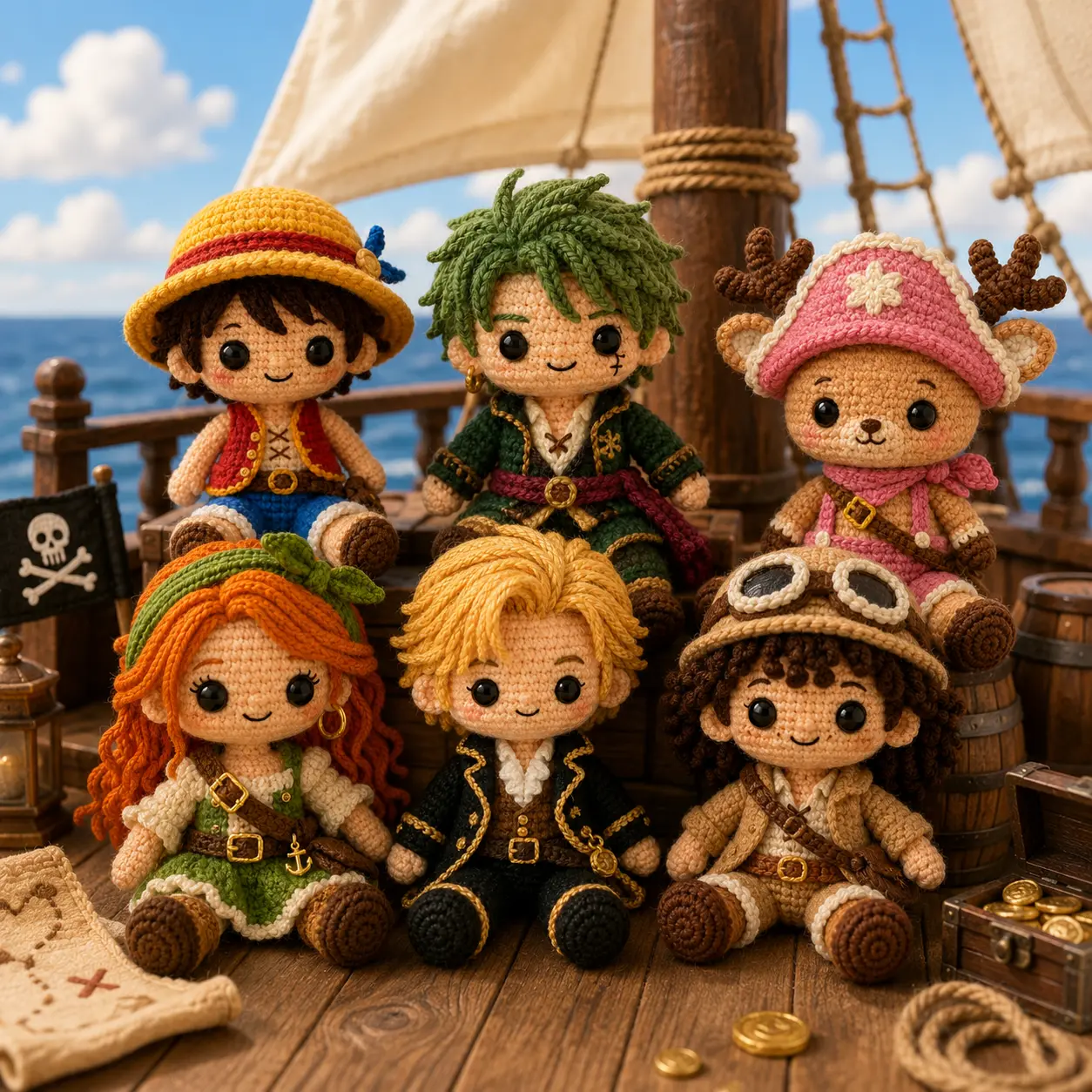 Handmade Crochet Pirate Adventure Crew Doll Set – 6-Piece Amigurumi Collectible Figures, Nautical Fantasy Decor & Gift