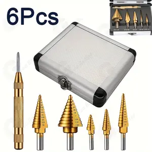 Titanium Step Drill Bit (6PCS), Gold, HSS Step Bit with Two Straight Flutes, 50 Sizes from 3/16" to 1-3/8", Steps Bits for Metal, Aluminum, Wood & Plastic, for Electricians & DIY