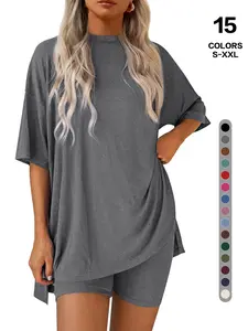 2 piece lounge sets women-Matemity Two-Piece Set, Basic Short-Sleeve Loose Crew Neck Slit Top, High-Waist Side Pocket Cycling Pants, Soft Minimalist Fabric, Suitable for Home and Airport Travel Casual Wear