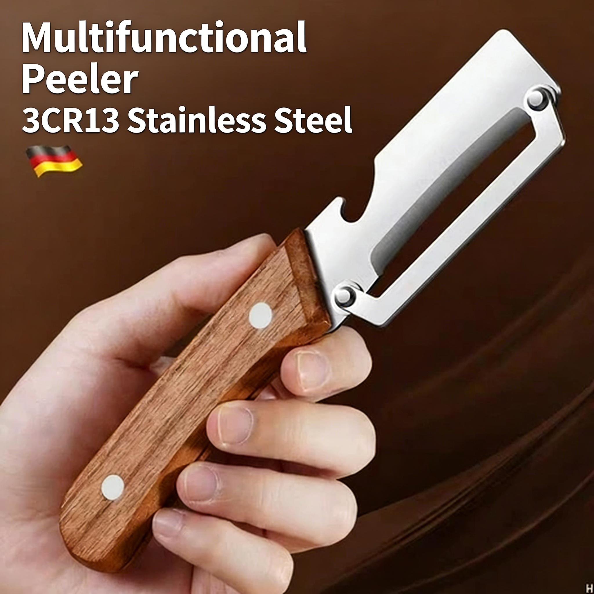Multi-Functional Kitchen Vegetable Peeler, Ultra-Sharp Premium Stainless Steel Blade, Comfort Grip Ergonomic Wooden Handle, All-in-One Tool with Built-In Bottle Opener for Fruits Vegetables Peeling Daily Cooking