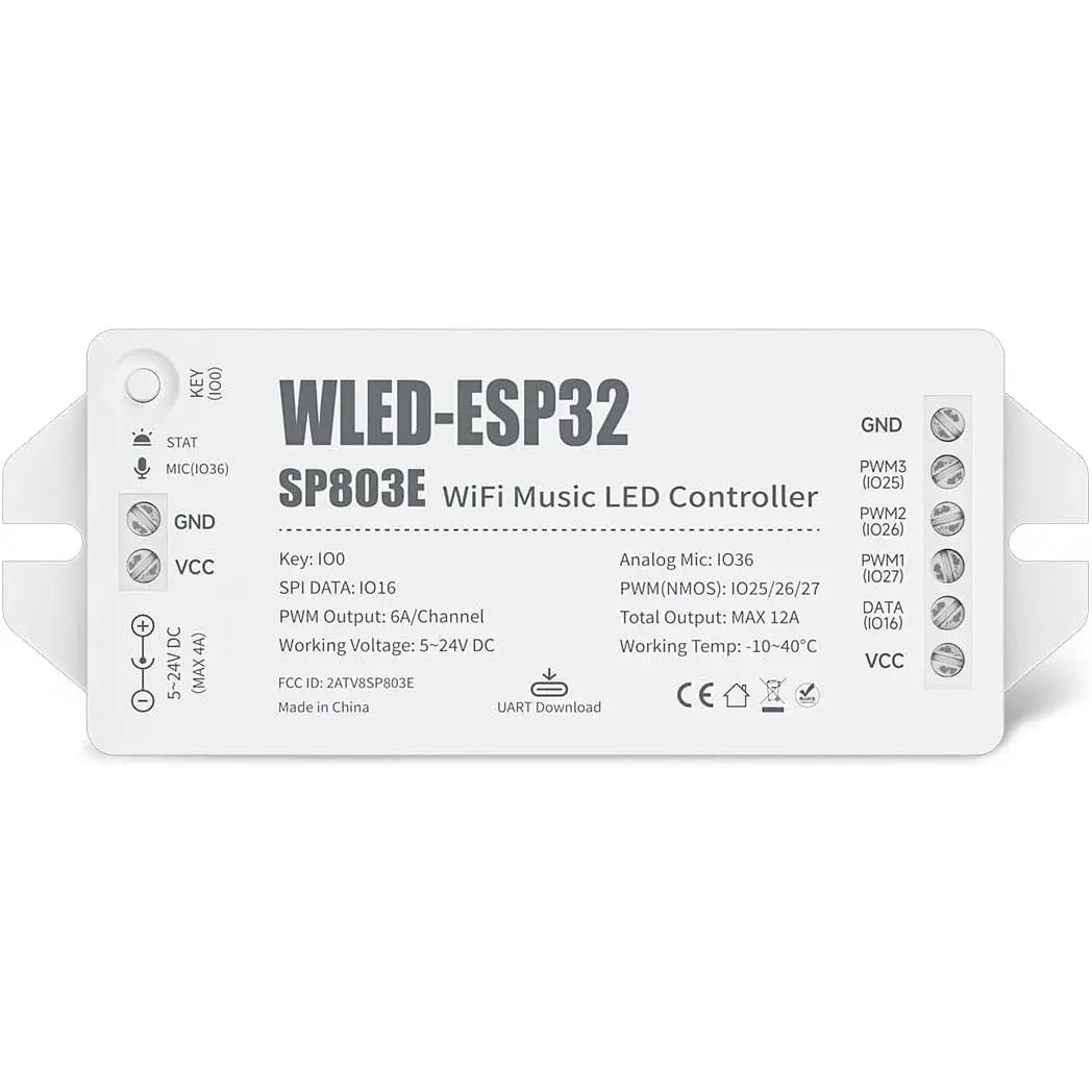ESP32 WLED LED Strip Controller SP803E Built-in Mic DIY Dynamic Modes UART USB Type-C Download for WS2811,WS2812,SK6812,WS2814,WS2815 Addressable LED Strip/Matrix,PWM Dimming CCT RGB LED