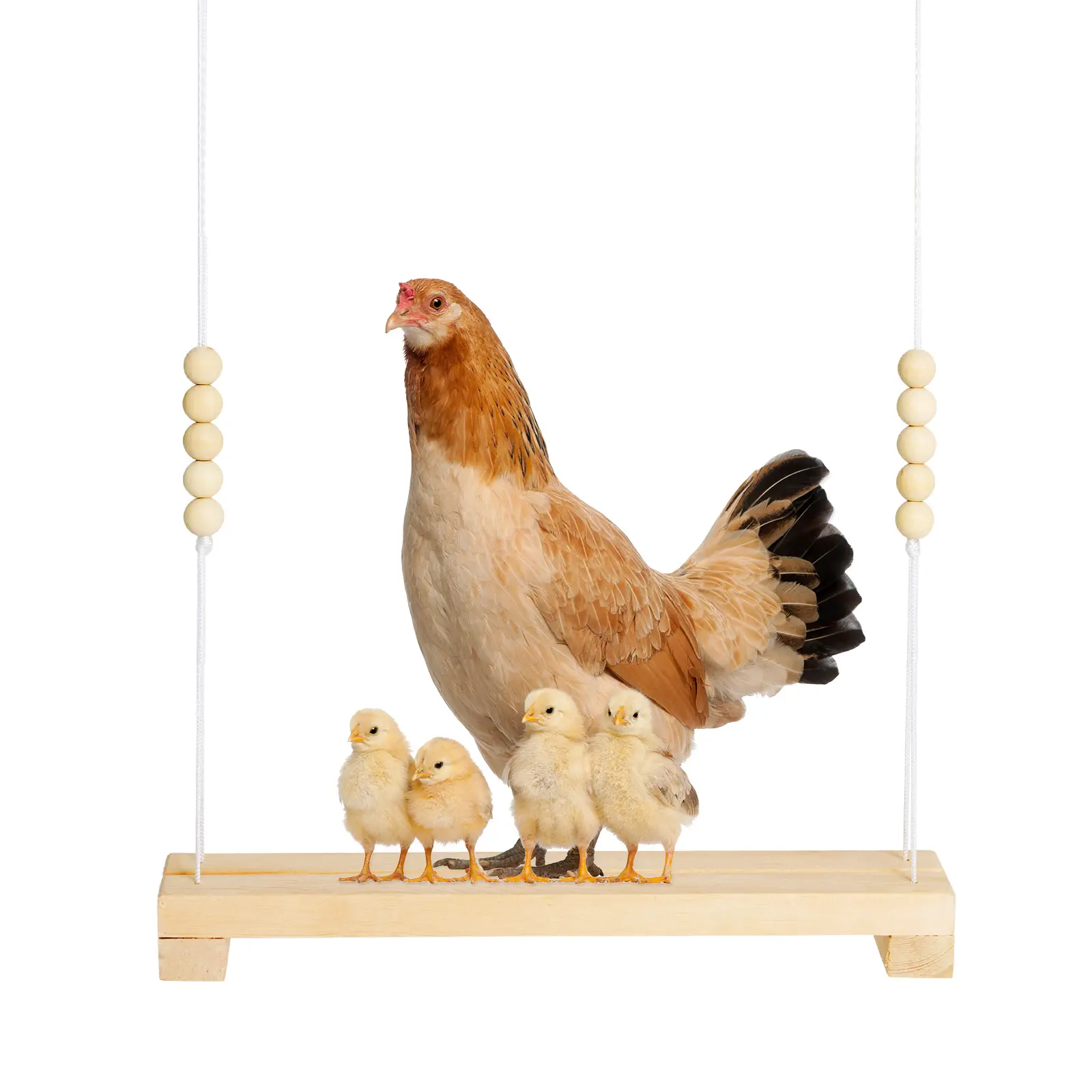 40cm Natural Wooden Chicken Swing Perch - Farm Poultry Exercise Aid with Iron Monkey Decoration, White Ropes, Wooden Beads, Pre-Drilled Holes, Included Hardware, Iron Hooks, Outside Backyard Design for Hens, Supports Nail Health