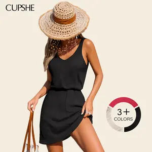 CUPSHE Women's Chasing Horizons Sleeveless V-Neck Elasticized Waist Open Knit Synthetics Beach Cover-Up Mini Dress - Casual Wear, Bikini Cover Ups #summerfinds