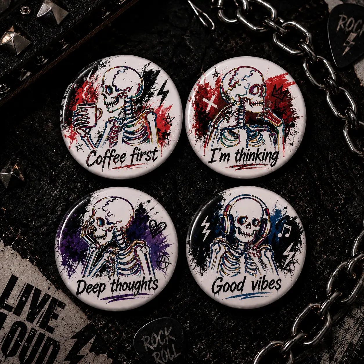 Goth Skeleton Pin Buttons Set of 4, 2.25 Inch Punk Skull Badge Pins, Coffee First Deep Thoughts Good Vibes Button Pins for Backpack Jacket Hat Tote Bag, Alternative Emo Aesthetic Accessories