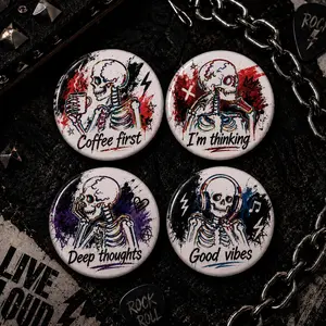 Goth Skeleton Pin Buttons Set of 4, 2.25 Inch Punk Skull Badge Pins, Coffee First Deep Thoughts Good Vibes Button Pins for Backpack Jacket Hat Tote Bag, Alternative Emo Aesthetic Accessories