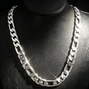 S925 Silver-Plated Polished Figaro Link Cuban Links Necklace - Flat-Cut Shiny Cuban-Style Chain, Waterproof Anti-Tarnish Hip Hop Jewelry, Unisex Stackable 22in/30in (55cm-75cm) Accessory for Gifting & Key Occasions
