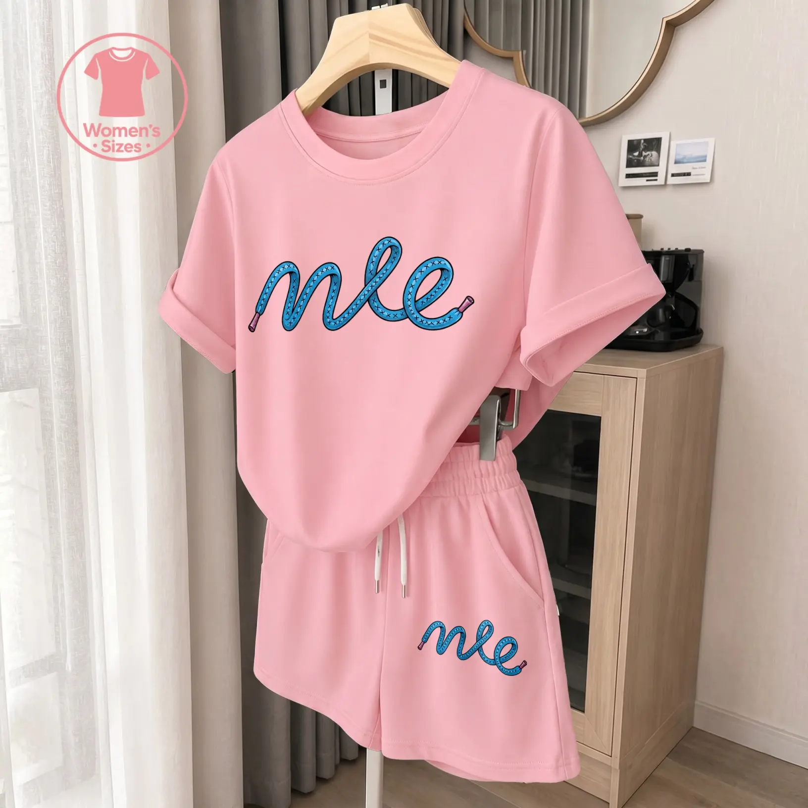 Women’s Logo Graphic Print Short Sleeve T-Shirt and Drawstring Shorts Set, Casual Summer 2-Piece Outfit, Comfortable Crew Neck Top and Elastic Waist Shorts for Daily Wear, Vacation, Travel, Beach and Lounge Wear