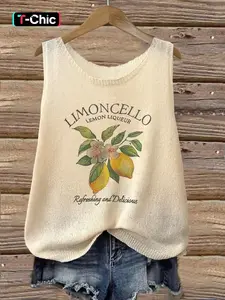 Women's Round Neck Lemon Fruit Print Semi-Transparent Spring Summer Casual Versatile Knit Vest, Loose-Fitting, Casual Style, Tops