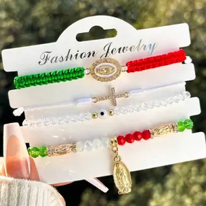 4pcs/Set Fashion Mexican Series Cross Virgin Mary Bracelets With Card, Red White Green Braided Bracelet Adjustable Women's Bracelet  Christmas Gift