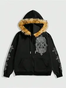 Dark Luxury Fitted Hooded Long Sleeve Sweatshirt with Faux Fur Collar, Base with Silver Skull Graphic Design, Trendy Gothic Style for Everyday & Dark Parties