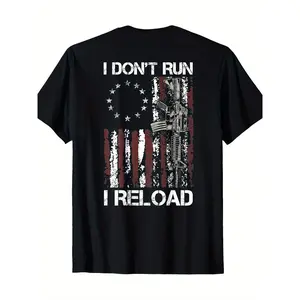 100% Cotton 100% Cotton American Flag Patriots T-Shirt - 'I Don'T Run I Reload Gun' Design, Short Sleeve, Round Neck, Machine Washable Golf Gift T-Shirt For Men And Women