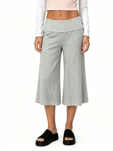 Simple Striped Drop Waist Casual Capri Pants, Wide Elastic Waist, Soft Fitted H-Type, All-Season Slim Fit Trousers