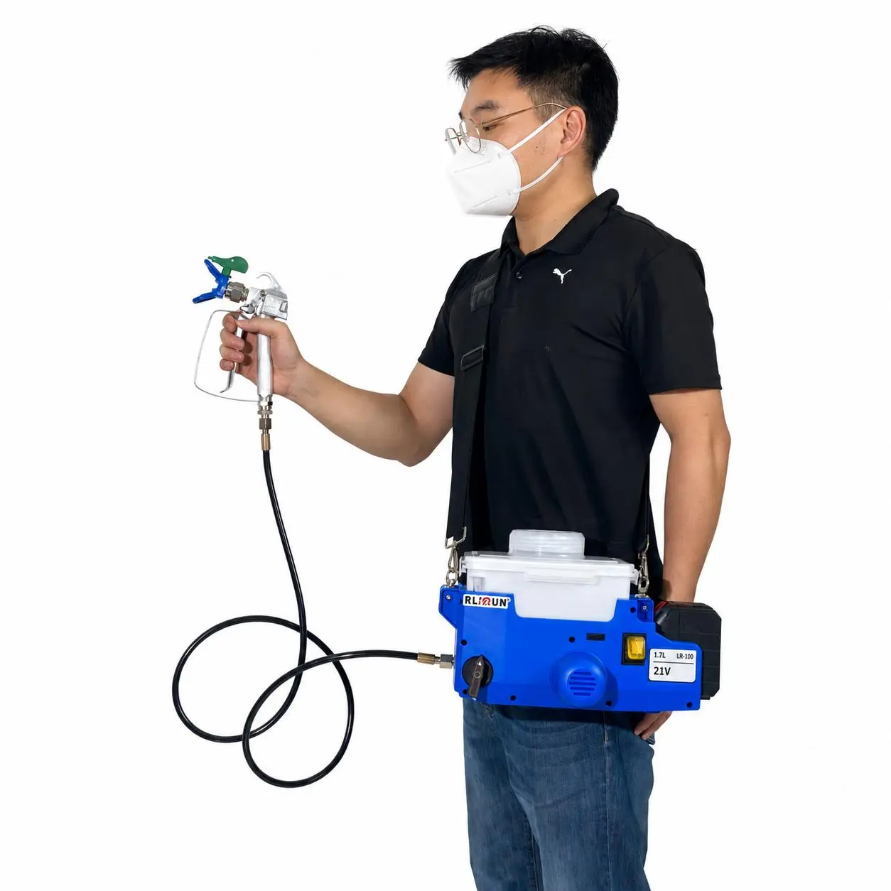 Crossbody Cordless Airless Paint Sprayer 500W 2300 PSI, 1.1 L/min Flow Rate, 1.7 L Hopper, 2 × 5000mAh Lithium-Ion Batteries, for Walls, Drywall Ceilings, Cabinets, Wood Doors and Home Improvement Projects, Lightweight Electric Paint Sprayer