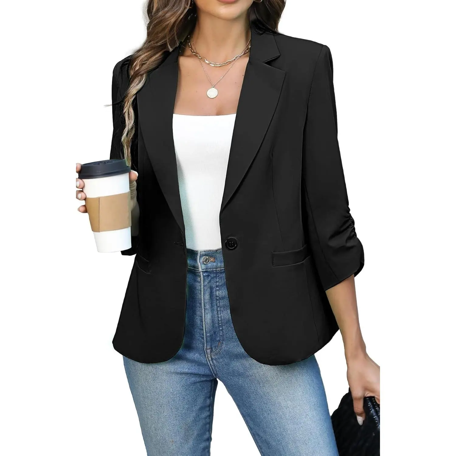 Women's Ruched 3/4 Sleeve Blazer, Lightweight Fitted Jacket | Business Casual Style,Petite Crop Blazer,Dressy Full Lining Jacket,Spring Fall Office Outfits with Padded Shoulder