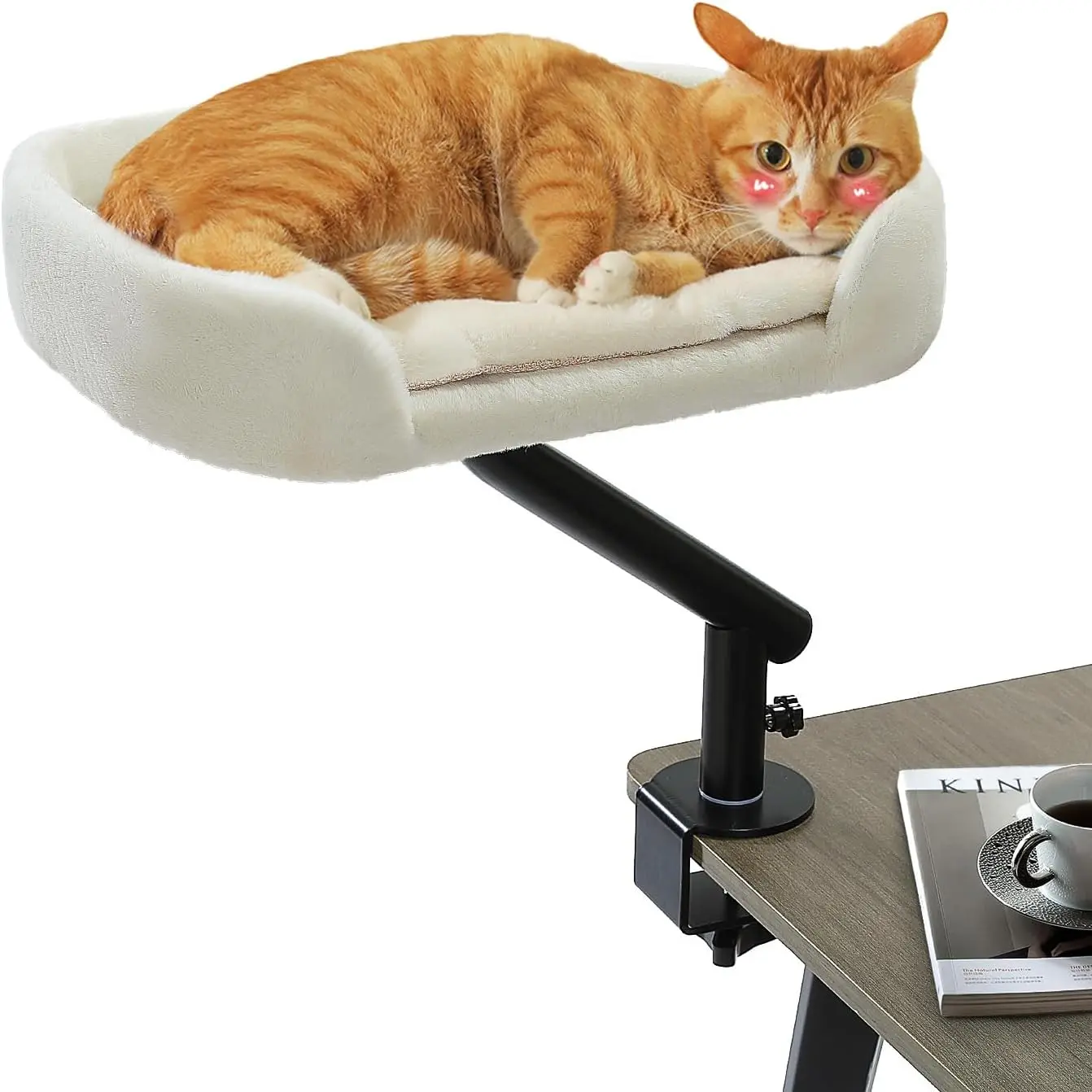 Cat Desk Bed for Indoor Cats, Cat Bed for Desk Supports Up to 50 lbs, 360 °     Rotation & Adjustable, Nest Desktop Attachment Cats Hammock for Table, Whit