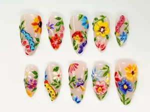 Colorful Flower Press-On Nails  Spring Flower Press Ons  3D Flowers Fake Nails Perfect for Special Occasions  Summer Collection
