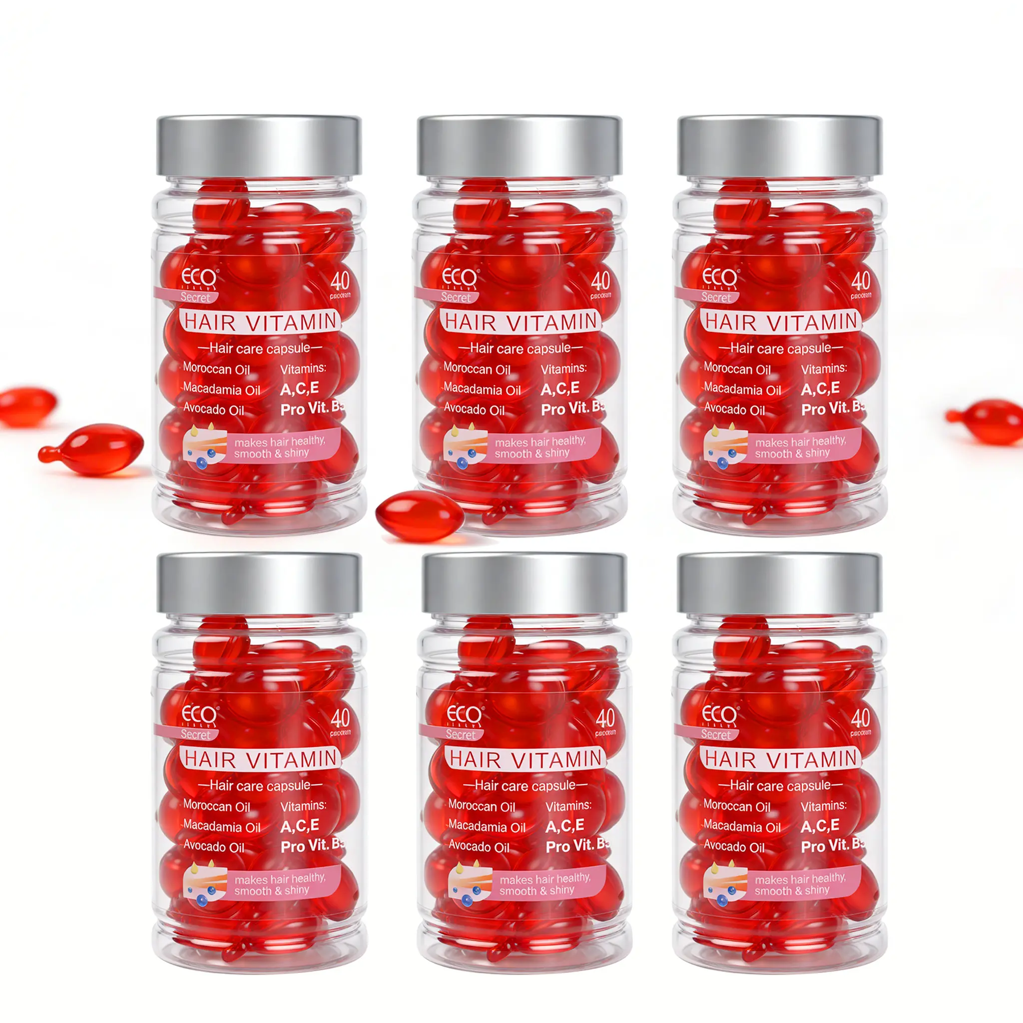 ECO Finest 6-Bottle Haircare Vitamin Capsules with Moroccan Argan Oil-Avocado Serum, Unisex Daily Curly Hair Treatment, Nourishing, Frizz Control, Healthy Growth, Silky Glossy Finish, Valentine's Day Beauty Gift, Shiny Hair, Wavy