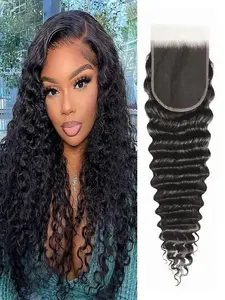 4x4 HD Lace Closure Human Hair, Deep Wave Closure Free Part, 100% Unprocessed Brazilian Virgin Hair, 150% Density, Natural