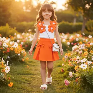 Toddler Little Girls 2-Piece Boutique Summer Set, White Ribbed Tank Top with 3D Flower Applique and Pearl Pink Skirt or Orange Bow Skirt for 3-7 Years, Elegant Princess Party Outfit for Birthday Pageant Photoshoot and Formal Holiday Clothing Gift.