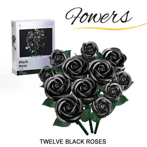 Twelve Black Rose Bouquet Building Blocks Kit Decorative Flower For Living Room/Bedroom Home Decor Artificial Flowers Halloween Christmas Anniversary Birthday Gifts Plastic Faux Flowers