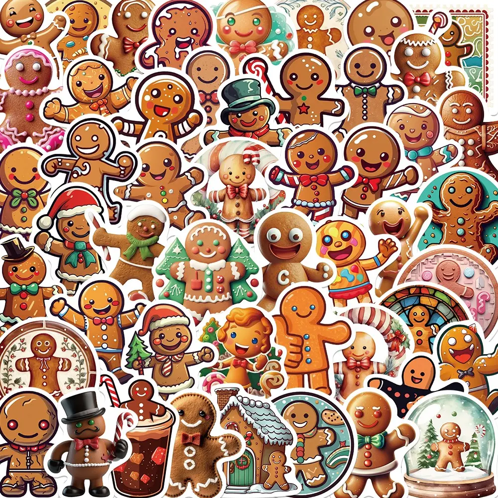 50 Cartoon Gingerbread Man Stickers, Guitar Notebook Luggage DIY Waterproof Decals, Universal Use, Flat Sticker Type