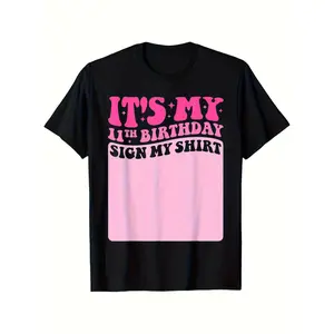 Men's 11th Birthday T-Shirt - It's My 11th Birthday Signature-Style Name Tag Design with Pink & Black Hot Stamping Print, 11 Number 1 Party Outfit for, Casual Crew Neck Short Sleeve Shirt for 11 Year ( Sizing Available