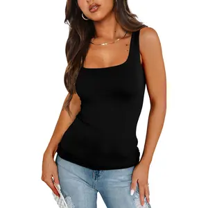 Womens Square Neck Fitted Tank Tops Double Layer Seamless Slim Fit Shirts 2025 Basic Spring Summer mms women