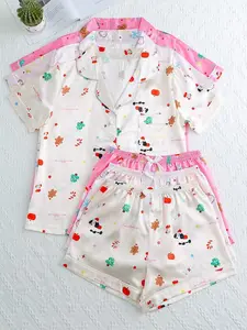 Cute Christmas Pajama Set for Women, Holiday Cartoon Print Sleepwear Loungewear, Comfortable Two-Piece Nightgown, Festive Trim Design