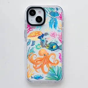 Ocean Sea Creature Pattern, Scratch Resistant Shockproof Protective Cover TPU Clear Soft Phone Case for iPhone 16 15 14 13 12 11 Pro Max Plus Cute Y2k