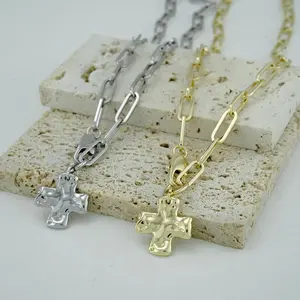 Chunky Gold Silver Hammered Cross Necklace Front Clasp Paperclip Chain, Hammered Bold Cross Necklace Vintage  Clasp Necklace Jewelry Christian Faith Pendant Modern Molten Style  Gift for Mom,Friends