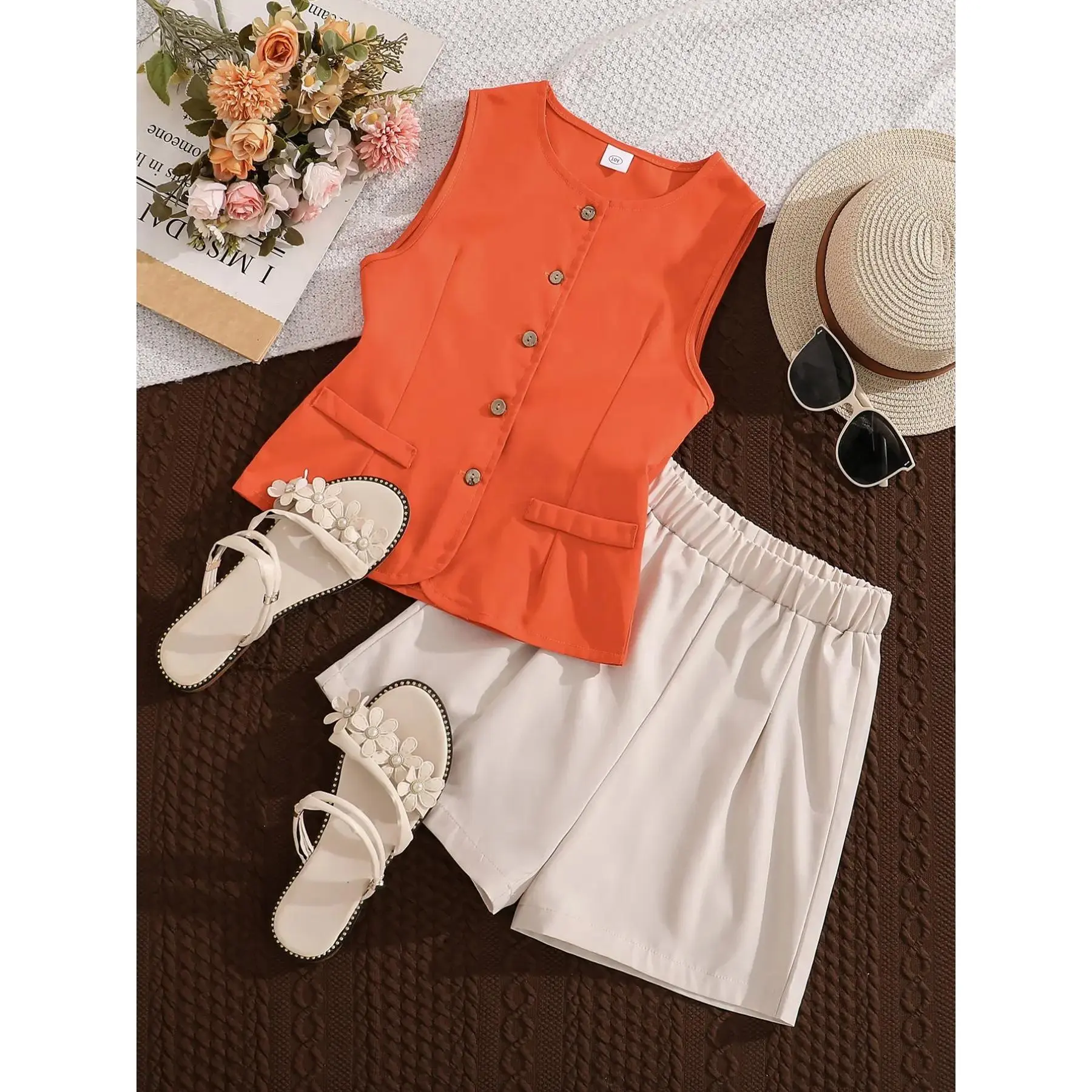 Girls' Vest Shorts Set, Round Neck Button Front Design, Sleeveless Slim Fit Vest Top, Elastic Waist Pleated Pants, Fashionable Style