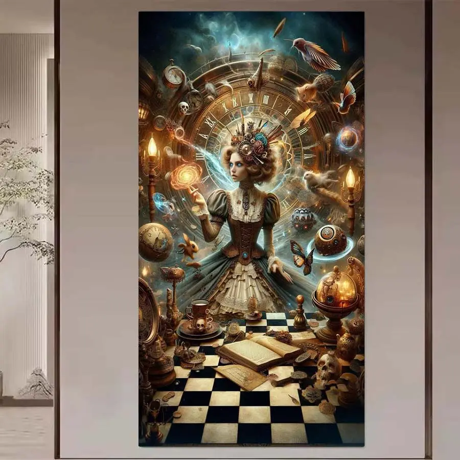 1 DIY diamond painting kit, 5D diamond art set, DIY decoration, fantasy clock, chessboard, books. Diamond painting kit with full round diamonds, mosaic, diamond art, DIY art home decoration, suitable for Christmas, Wall Art Painting