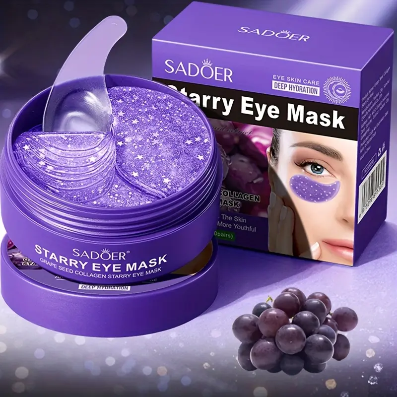SADOER Grape Seed & Collagen Starry Eye Mask - Hypoallergenic Gel for Brightening, Smoothing, Moisturizing Dry Eye Area, Hydrating Eye Treatments, Unisex Adult Use, Purple Packaging with Sparkling Stars Design, Collagen Stimulation