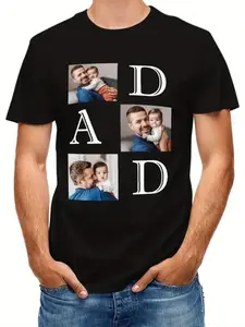 Personalized Dad T-Shirt with Photo - Father's Day Custom Casual T-Shirt, Black Short Sleeve Crew Neck with "DAD" Print, Perfect Gift for Men, Family and Friends, Custom T-Shirt Graphic Letter Print