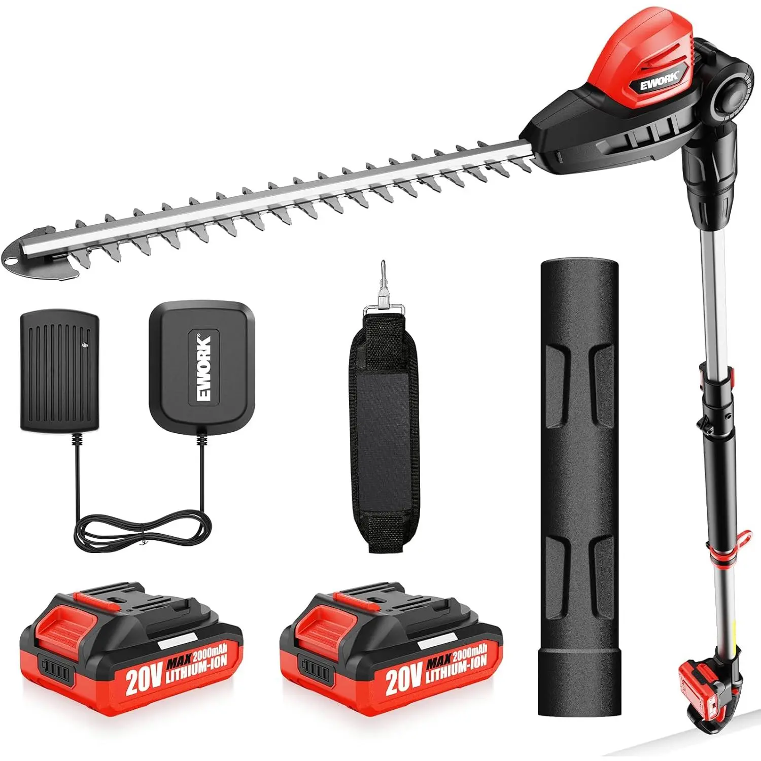 EWORK 20V Cordless Pole Hedge Trimmer (1 Unit) with 2 Batteries, Charger, 1 Manual, 18-Inch Blade, 6.3Ft-8.6Ft Extended Reach, 11-Angle Pivoting Head, 1400SPM Motor, 40-Minute Runtime, 6 LBS Lightweight Bush Shrub Cutter, Shoulder Straps, 20V 2.0Ah Lithiu