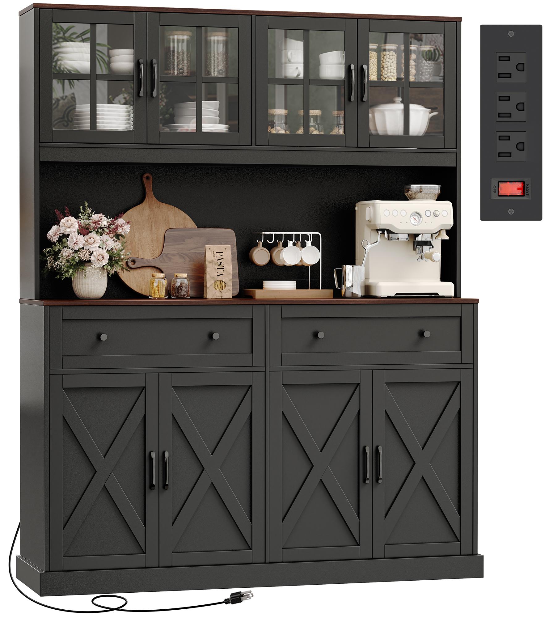 【2 Packages Shipping】PRAISUN 71''H x 55.1''W Pantry Cabinet with Charging Station, 4 Wide Cabinets Kitchen Pantry with 2 Drawers, Farmhouse Hutch Storage Cabinet, Tall Coffee Bar, Acrylic Door, Adjustable Shelves