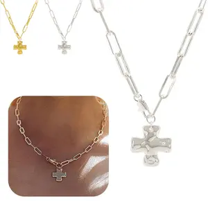 Hammered Cross Necklace ,  Chunky Cross Pendant , Paperclip Necklace, 18-Inch Paperclip Chain, Gold & Silver Plated Religious Jewelry, Gift for Mom, Daughter, Friends