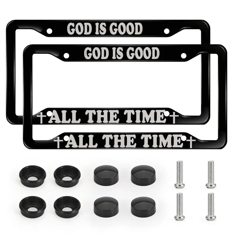 2pcs "God Is Good All The Time" Christian Themed License Plate Frames with Screws and Cap Accessories, Car/Truck/SUV Automobile Accessory, Car Exterior Decoration Accessories