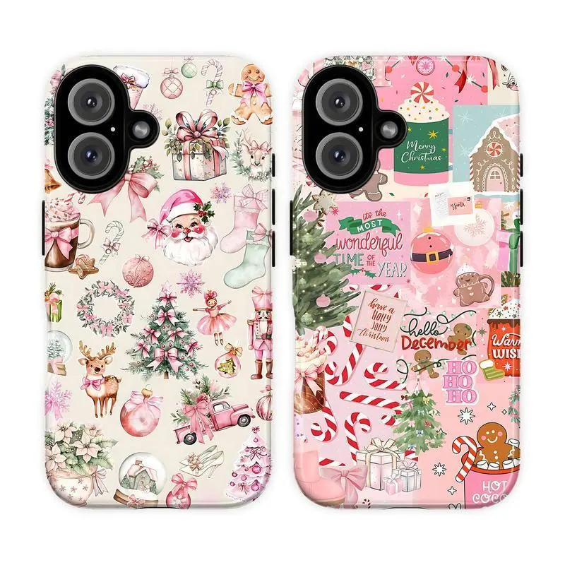 Coquette Pink Christmas Phone Case , Cover Suitable for iPhone 17/16/15/14/13/12/11 Pro Max/Plus and  Samsung Galaxy S23FE/22/23/24/25,Shabby Chic Gingerbread Cover, Vintage Santa Claus & Pink Truck Holiday Tough Case