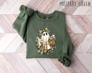 Trendy Retro Halloween Green Camo Ghost Sweatshirt - Cute Fall Pumpkin Patchwork Design