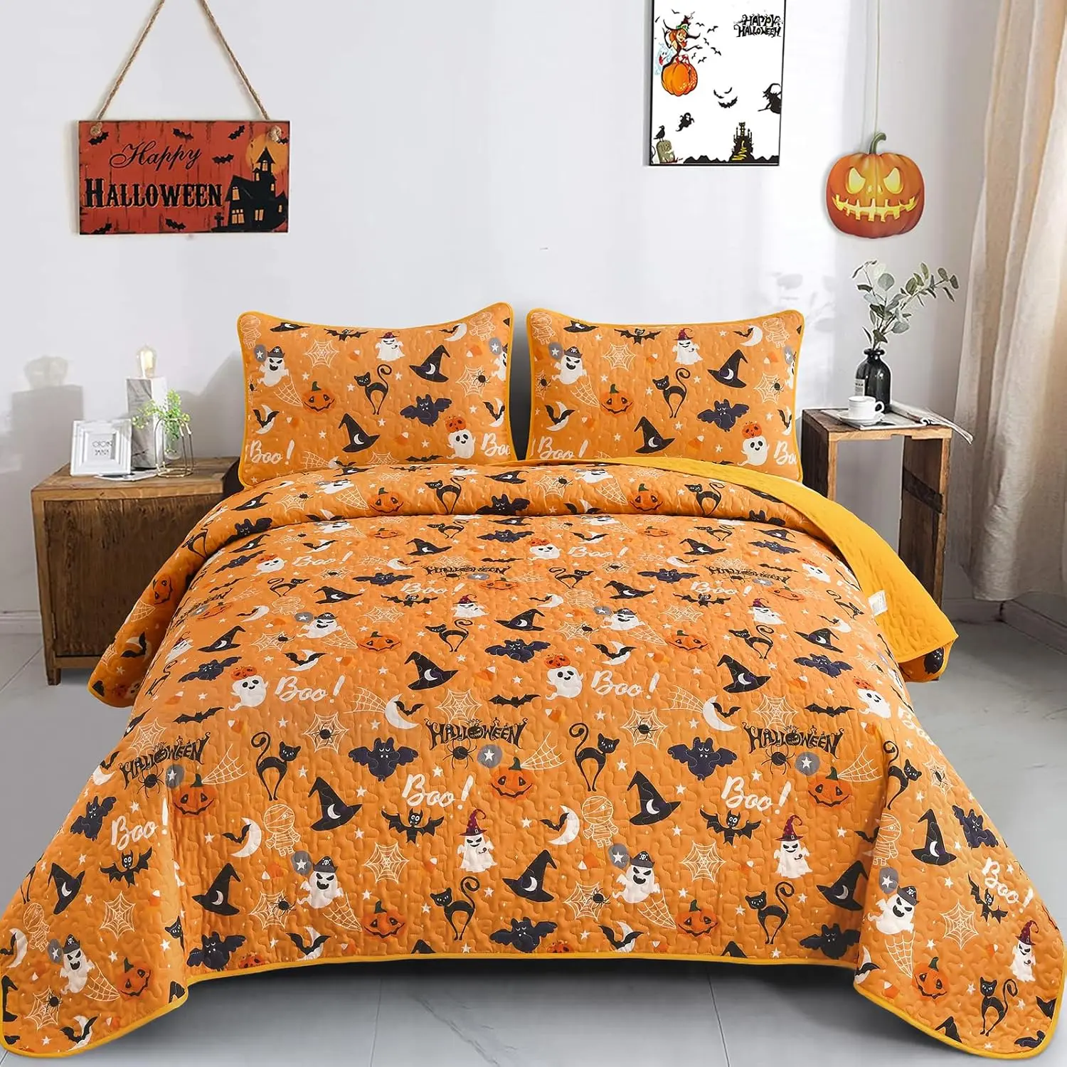 Halloween Quilt Set  Pumpkin Cartoon Bedspread Ghost  Hat Bat Cobweb Festival Themed Bedding Set Reversible Bed Cover for Autumn (3pcs, 96"x90")