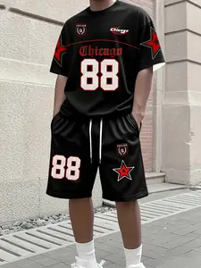 Chicago 88 Star Men's Sporty Fitted Two-Piece Set, Accents Chicago Pattern Short Sleeve T-Shirt + Shorts, Lightweight Polyester Knit Fabric, Casual Spring & Fall