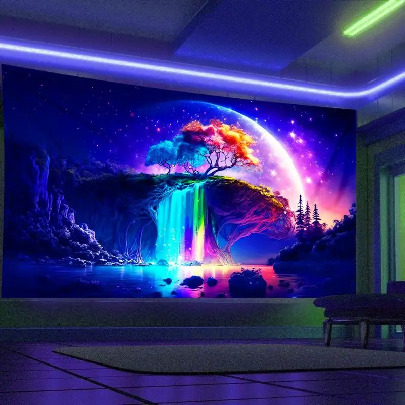 Moon & Tree Print Uv Blacklight Tapestry, 1 Count Wall Hanging Blanket for Interior Living Room Bedroom Office Home Decor, Wall Art Decor, Room Decor