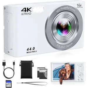 Digital Camera, FHD 4K 44MP Compact Point and Shoot Cameras with 64GB SD Card 2 , 16X Autofocus Digital Zoom Small Camera for Teens  Boys Girls (White)