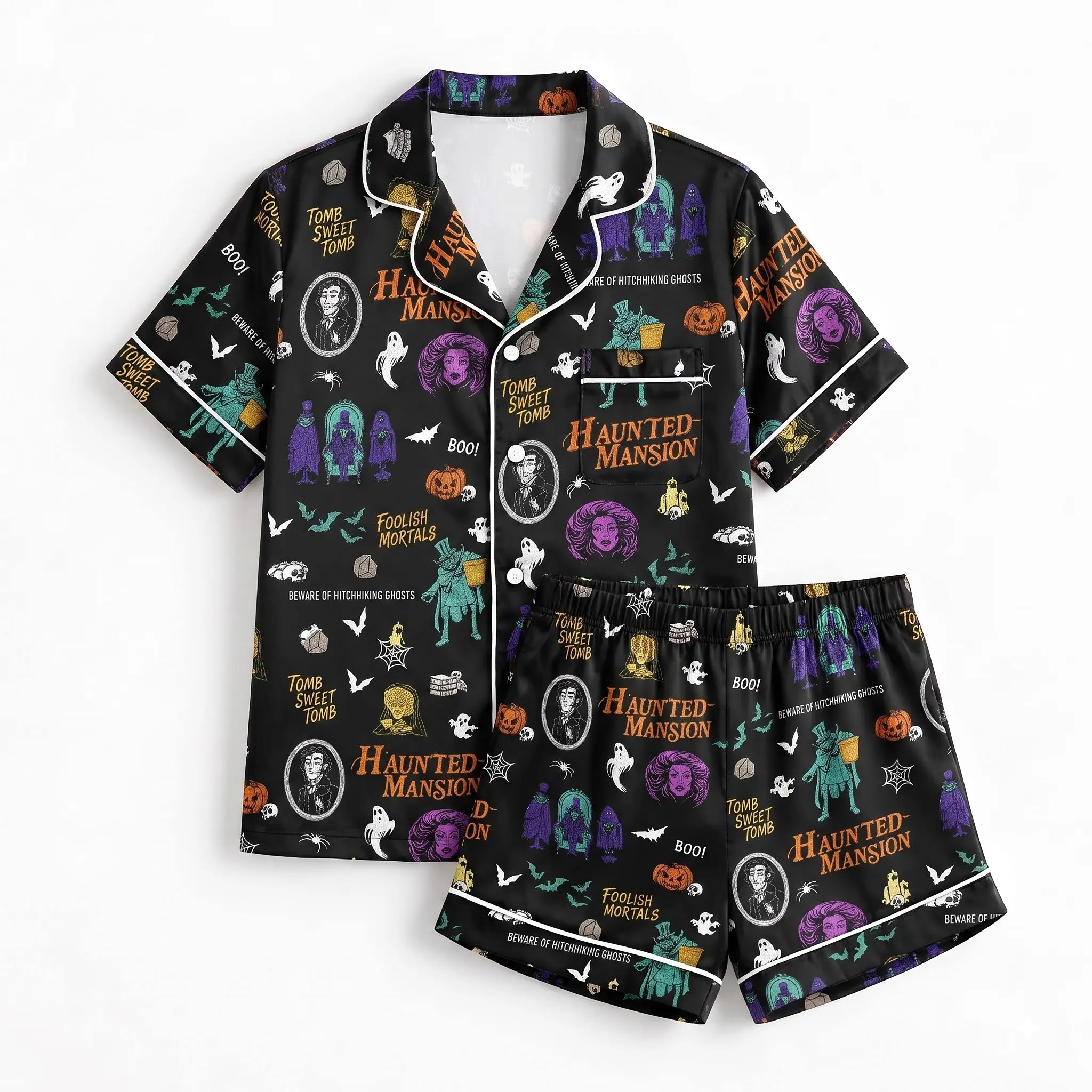 Haunted Mansion Satin Short & Long Sleeve Pajamas Spooky Theme Sleepwear Lounge Set Cute Halloween Long or Short Pajamas