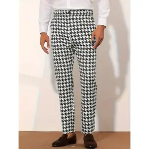 Men's Houndstooth Dress Pants - Slim Fit, Stretch Fabric, Button Detail, Machine Washable, Versatile for Casual and Semi-Formal Occasions, Semiformal Trousers | Modern Tailored Look | Polyester Blend