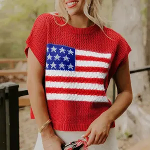 Flag Sweater Tee - Loose Pointelle Knit Crewneck for 4th of July & Memorial Day