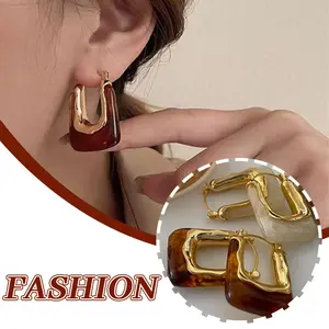 Viral U-Shaped Resin Hoop Earrings for Women, Trendy Gold Plated Earrings, Aesthetic Vintage Jewelry for Party, Unique Birthday Gift for Her