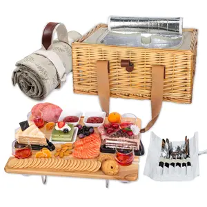 Wicker Picnic Basket for 4 with Mini Folding Wine Picnic Table & Large Insulated Cooler Bag & Cutlery Service Kits for 4 Person, Couples Gifts, Wedding Gifts (Y2307-4-CM)